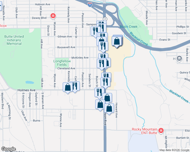 map of restaurants, bars, coffee shops, grocery stores, and more near 3344 Sanders Street in Butte