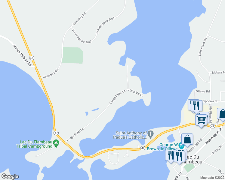map of restaurants, bars, coffee shops, grocery stores, and more near 14091 Longs Point Lane in Lac du Flambeau