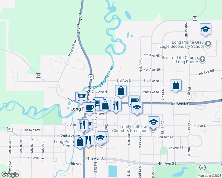 map of restaurants, bars, coffee shops, grocery stores, and more near 214 2nd Avenue North in Long Prairie