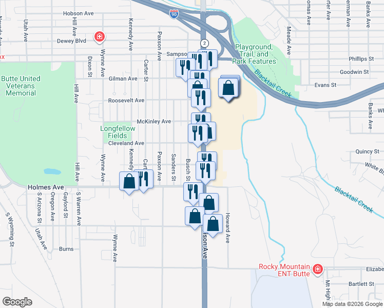 map of restaurants, bars, coffee shops, grocery stores, and more near 3322 Busch Street in Butte