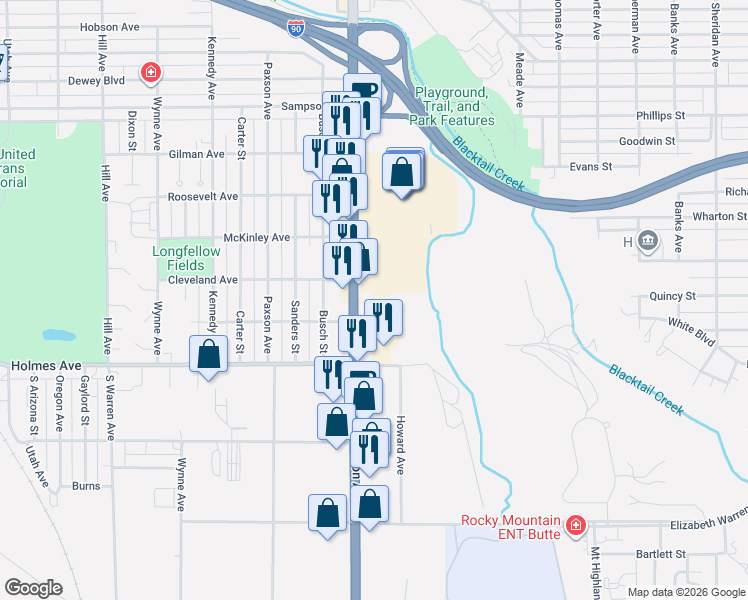 map of restaurants, bars, coffee shops, grocery stores, and more near 3355 Monroe Avenue in Butte