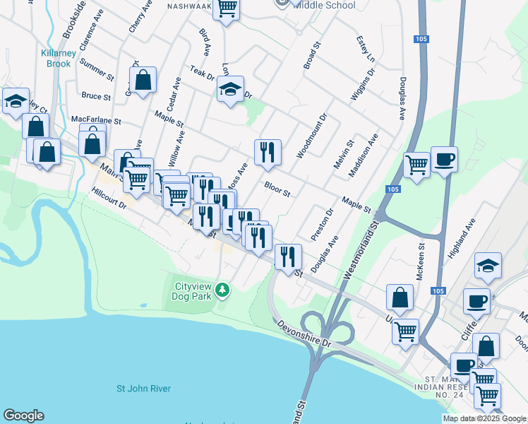 map of restaurants, bars, coffee shops, grocery stores, and more near 114 Capital Manor in Fredericton