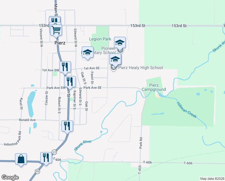 map of restaurants, bars, coffee shops, grocery stores, and more near 406 Park Avenue Southeast in Pierz