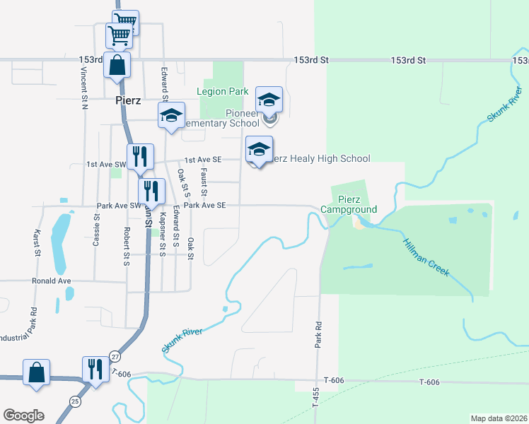 map of restaurants, bars, coffee shops, grocery stores, and more near 406 Park Avenue Southeast in Pierz