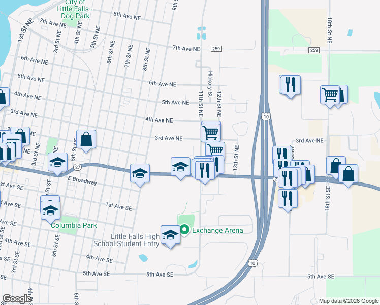 map of restaurants, bars, coffee shops, grocery stores, and more near 1025 2nd Avenue Northeast in Little Falls