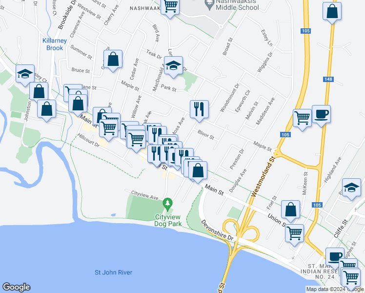 map of restaurants, bars, coffee shops, grocery stores, and more near 150 Wallace Avenue in Fredericton