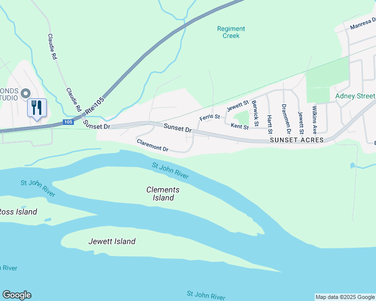 map of restaurants, bars, coffee shops, grocery stores, and more near 165 Claremont Drive in Fredericton