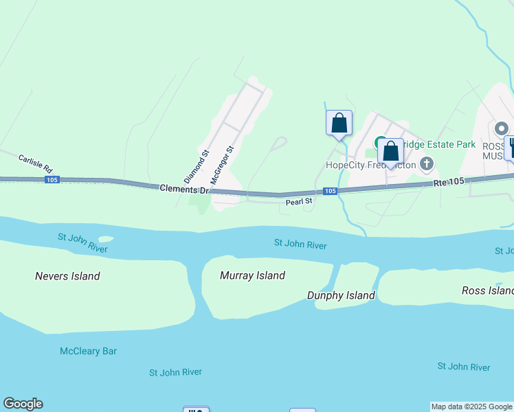 map of restaurants, bars, coffee shops, grocery stores, and more near 104 Pearl Street in Fredericton