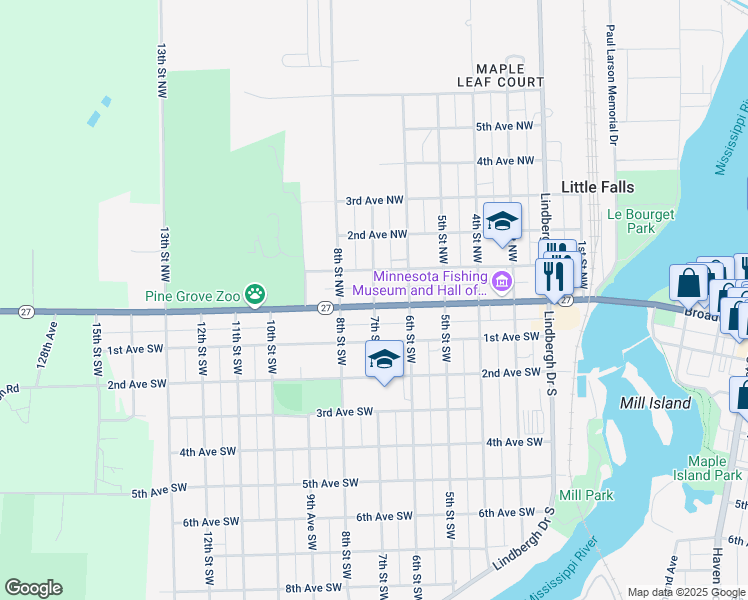 map of restaurants, bars, coffee shops, grocery stores, and more near 114 7th Street Northwest in Little Falls