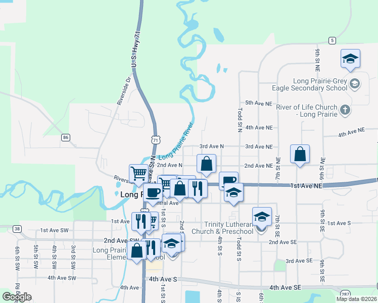 map of restaurants, bars, coffee shops, grocery stores, and more near 214 2nd Avenue North in Long Prairie