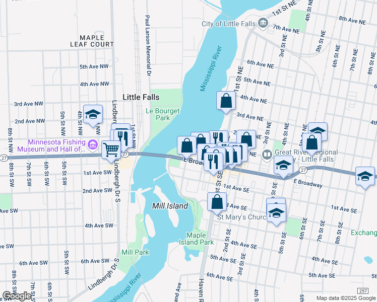 map of restaurants, bars, coffee shops, grocery stores, and more near 1200 1st Avenue Northeast in Little Falls