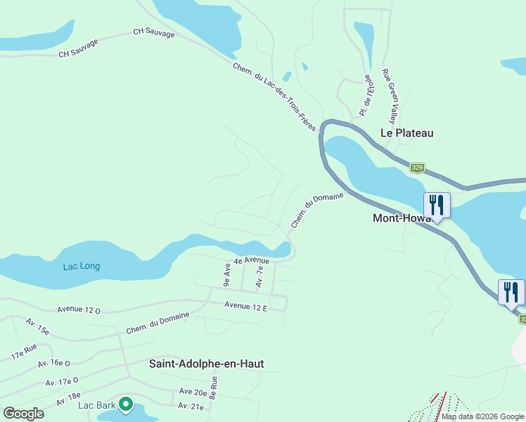map of restaurants, bars, coffee shops, grocery stores, and more near 136 1re Avenue in Saint-Adolphe-d'Howard