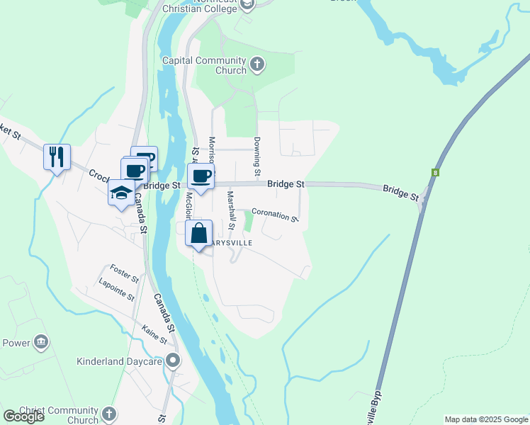 map of restaurants, bars, coffee shops, grocery stores, and more near Coronation Street in Fredericton