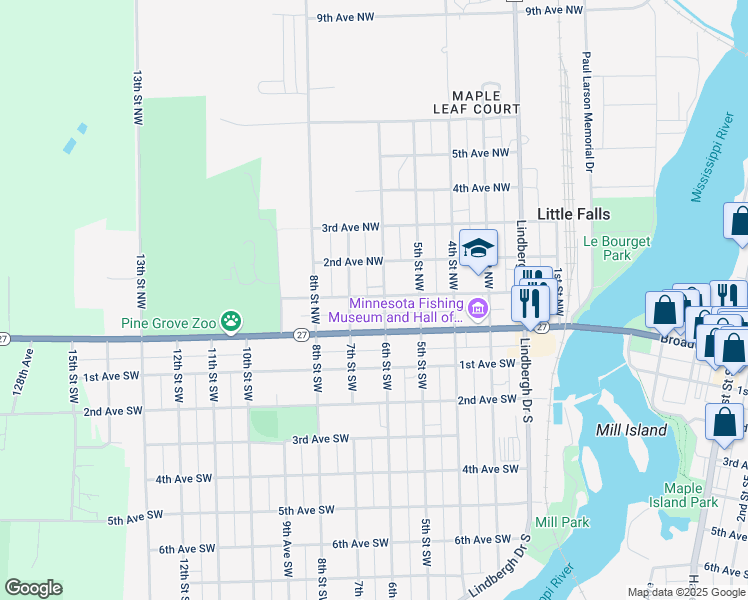 map of restaurants, bars, coffee shops, grocery stores, and more near 114 7th Street Northwest in Little Falls
