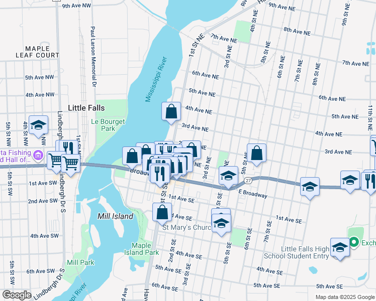 map of restaurants, bars, coffee shops, grocery stores, and more near 211 2nd Street Northeast in Little Falls