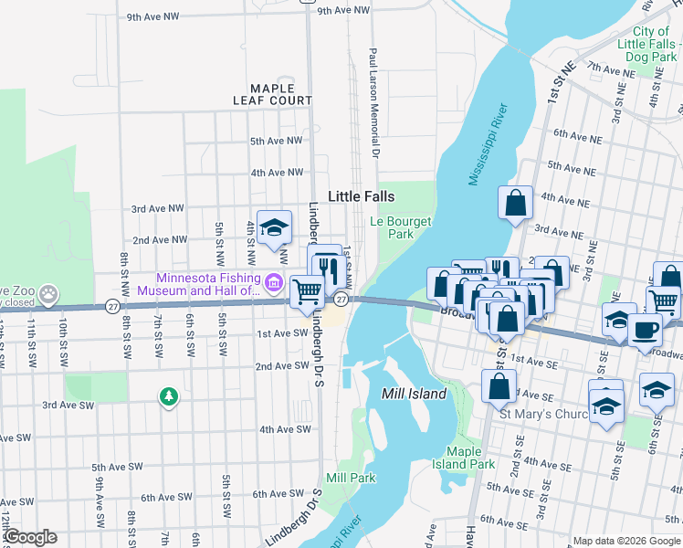 map of restaurants, bars, coffee shops, grocery stores, and more near 119 1st Street Northwest in Little Falls