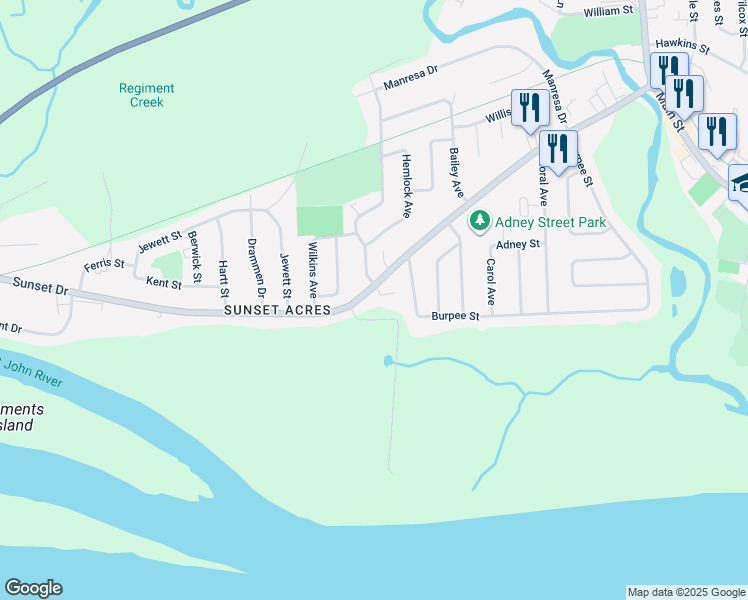 map of restaurants, bars, coffee shops, grocery stores, and more near 204 Sunset Drive in Fredericton