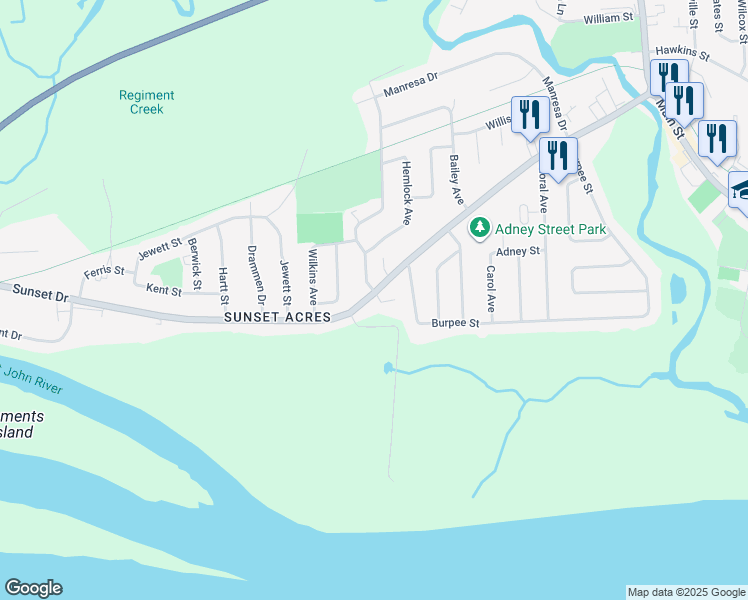 map of restaurants, bars, coffee shops, grocery stores, and more near 204 Sunset Drive in Fredericton