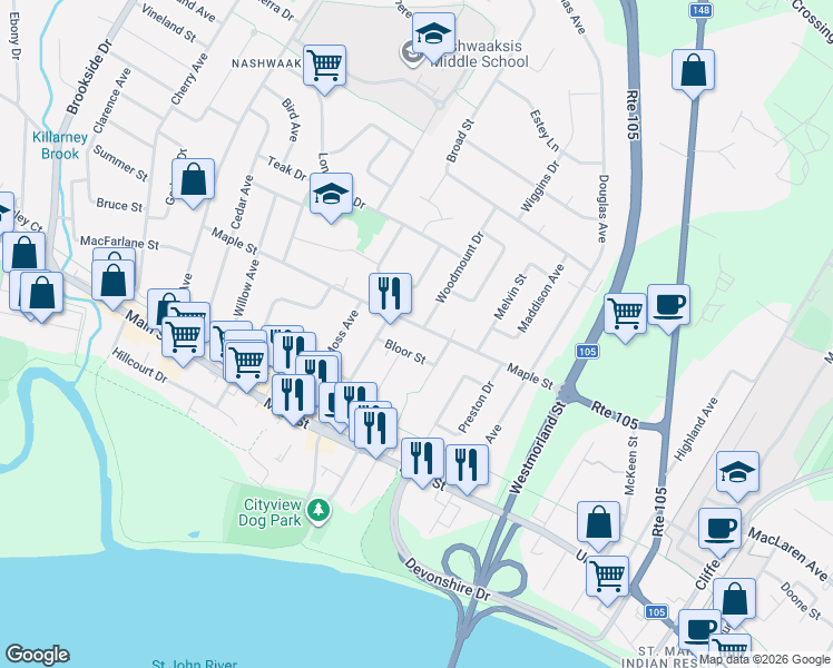 map of restaurants, bars, coffee shops, grocery stores, and more near in Fredericton