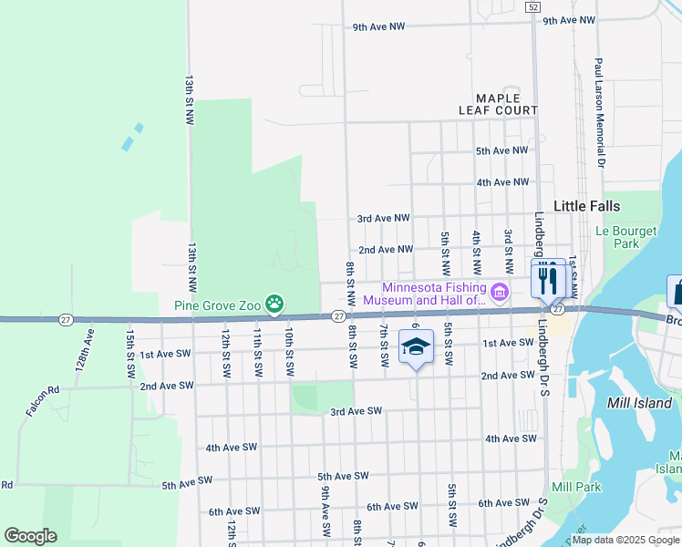 map of restaurants, bars, coffee shops, grocery stores, and more near 809 West Broadway in Little Falls