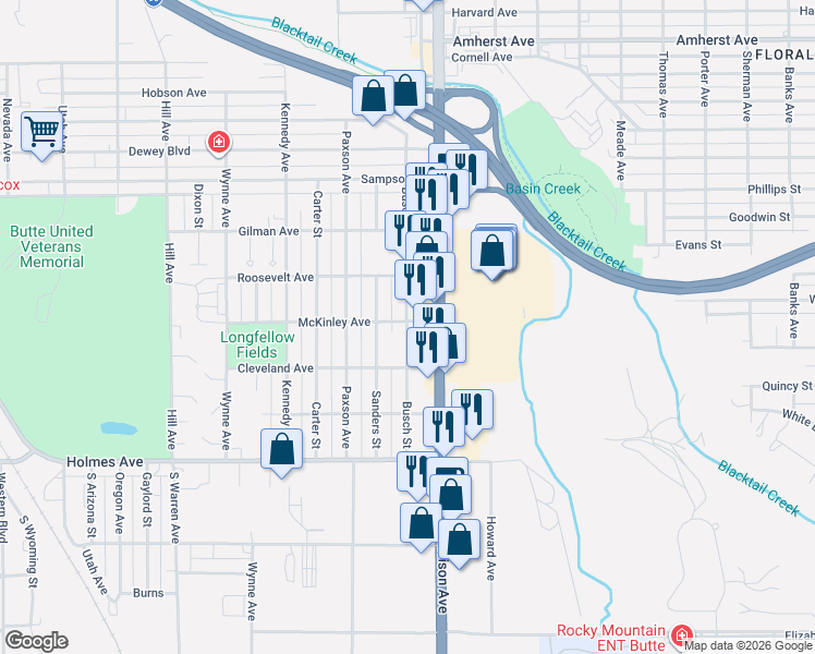 map of restaurants, bars, coffee shops, grocery stores, and more near 3221 Harrison Avenue in Butte