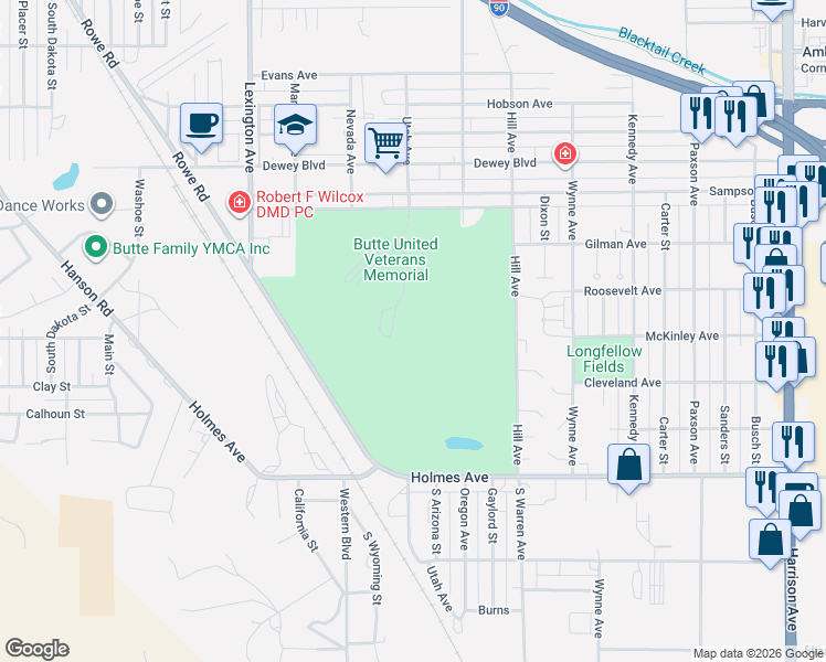 map of restaurants, bars, coffee shops, grocery stores, and more near 3105 Utah Avenue in Butte