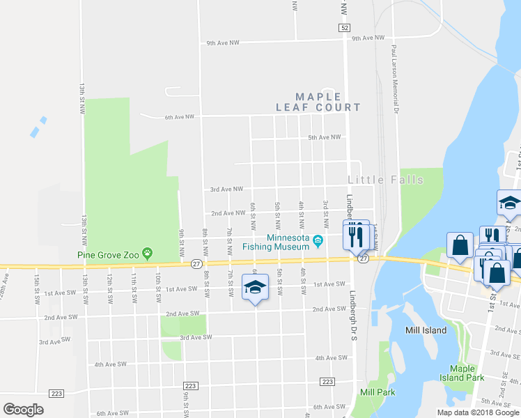 map of restaurants, bars, coffee shops, grocery stores, and more near 508 2nd Avenue Northwest in Little Falls