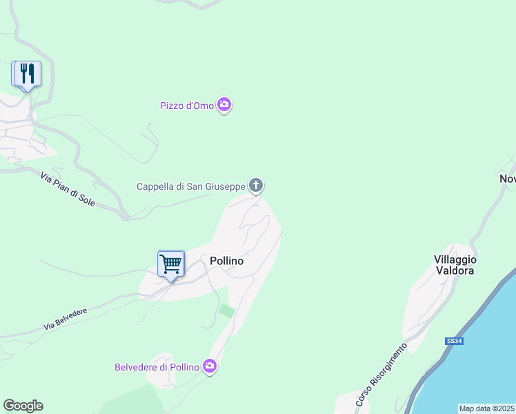 map of restaurants, bars, coffee shops, grocery stores, and more near 32 Via Lago Azzurro in Pollino