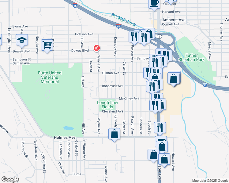 map of restaurants, bars, coffee shops, grocery stores, and more near 3110 Mantle Street in Butte