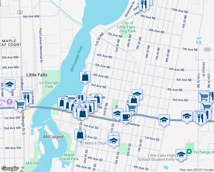 map of restaurants, bars, coffee shops, grocery stores, and more near 403 3rd Street Northeast in Little Falls
