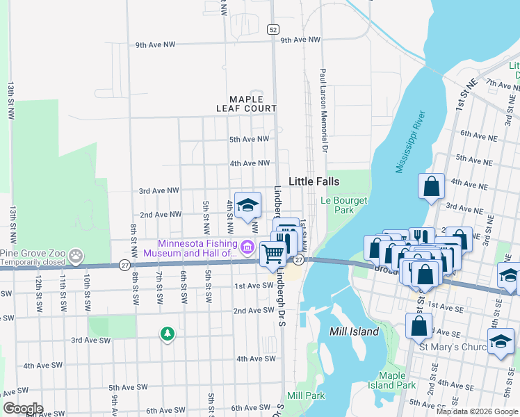 map of restaurants, bars, coffee shops, grocery stores, and more near 300 3rd Street Southwest in Little Falls