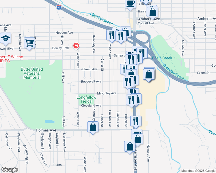 map of restaurants, bars, coffee shops, grocery stores, and more near 3115 Paxson Avenue in Butte