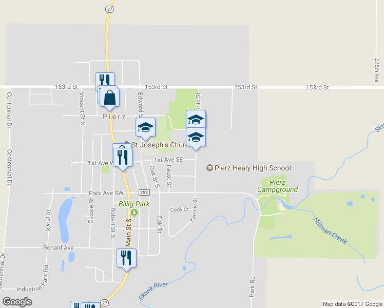 map of restaurants, bars, coffee shops, grocery stores, and more near 317 1st Avenue Southeast in Pierz