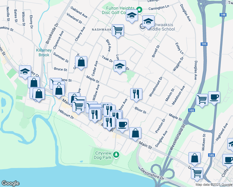 map of restaurants, bars, coffee shops, grocery stores, and more near 127 Oak Avenue in Fredericton
