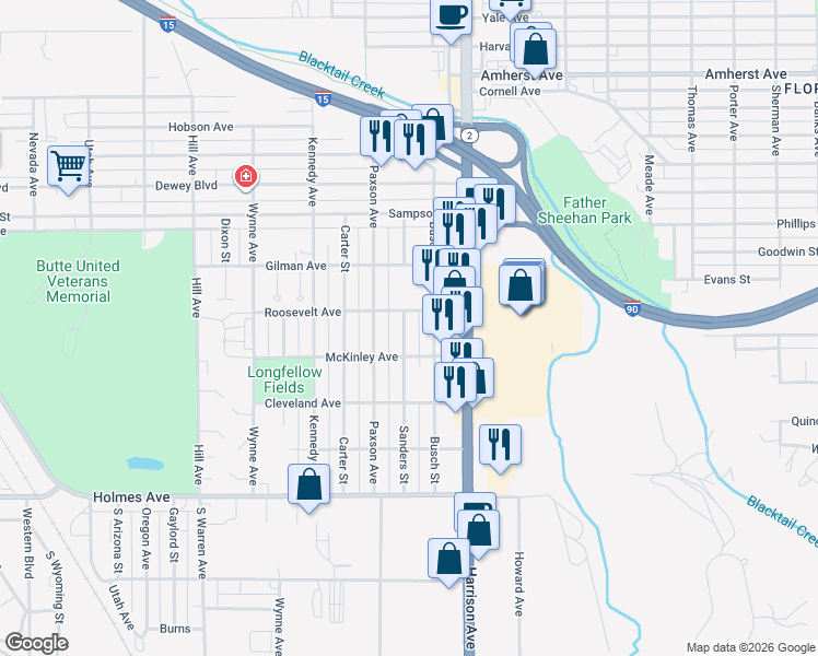map of restaurants, bars, coffee shops, grocery stores, and more near 3132 Sanders Street in Butte
