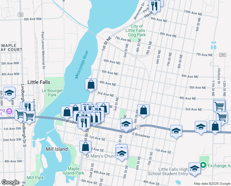 map of restaurants, bars, coffee shops, grocery stores, and more near 403 3rd Street Northeast in Little Falls