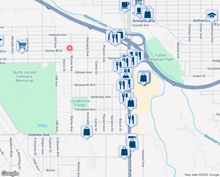 map of restaurants, bars, coffee shops, grocery stores, and more near 3132 Sanders Street in Butte