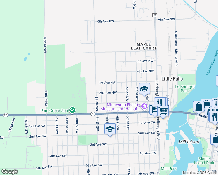 map of restaurants, bars, coffee shops, grocery stores, and more near 300 7th Street Southwest in Little Falls