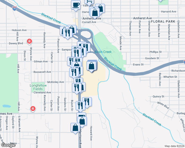 map of restaurants, bars, coffee shops, grocery stores, and more near 3100 Harrison Avenue in Butte
