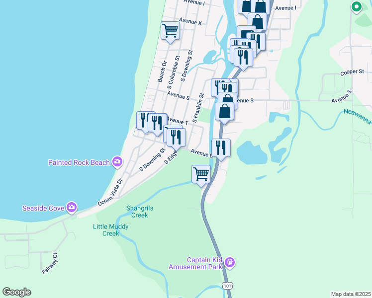 map of restaurants, bars, coffee shops, grocery stores, and more near 580 Ave U in Seaside