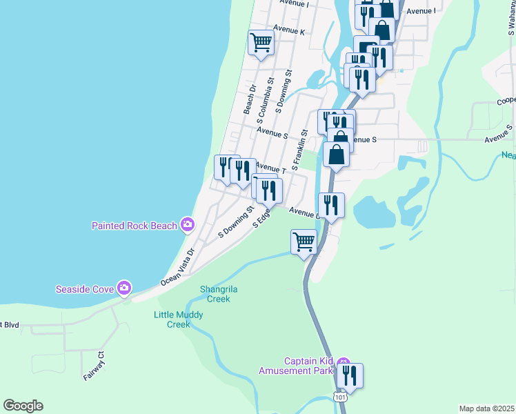 map of restaurants, bars, coffee shops, grocery stores, and more near 2300-2320 South Downing Street in Seaside