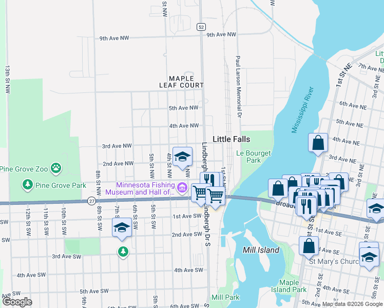 map of restaurants, bars, coffee shops, grocery stores, and more near 300 3rd Street Southwest in Little Falls