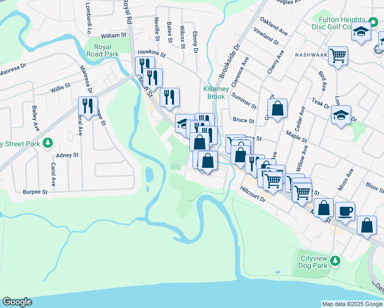 map of restaurants, bars, coffee shops, grocery stores, and more near 105 Johnston Avenue in Fredericton