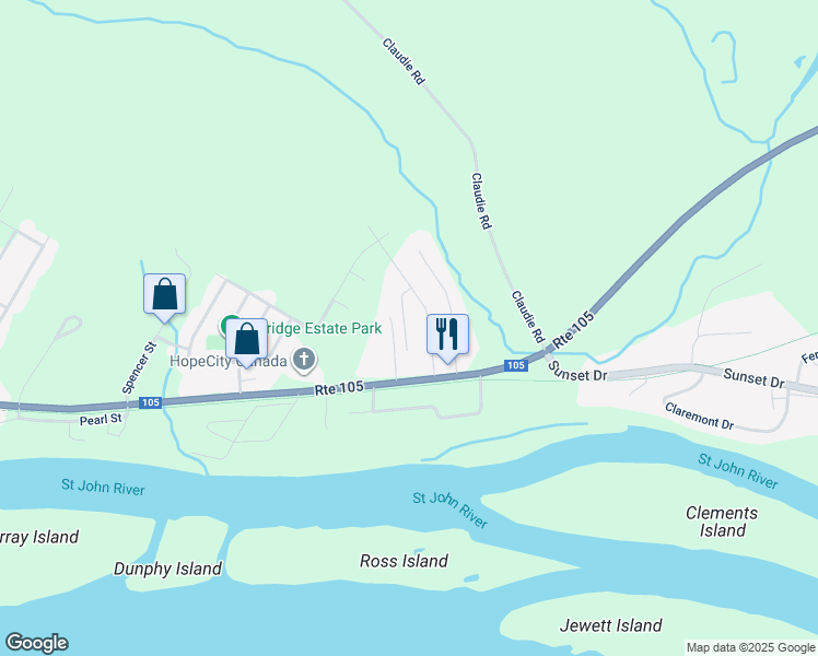 map of restaurants, bars, coffee shops, grocery stores, and more near 47 Brandon Court in Fredericton