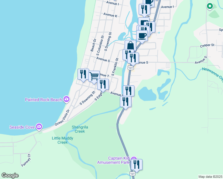 map of restaurants, bars, coffee shops, grocery stores, and more near 580 Avenue U in Seaside