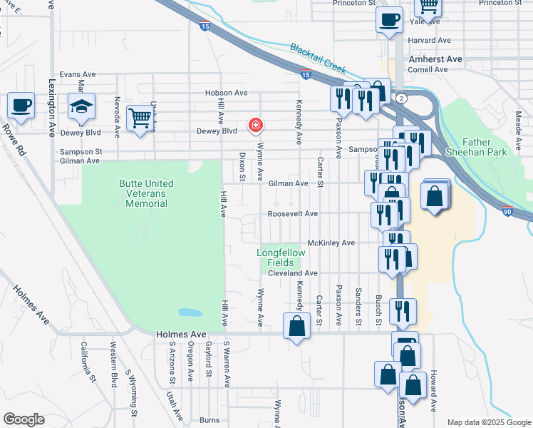map of restaurants, bars, coffee shops, grocery stores, and more near 1629 Roosevelt Avenue in Butte