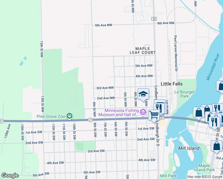 map of restaurants, bars, coffee shops, grocery stores, and more near 300 7th Street Southwest in Little Falls