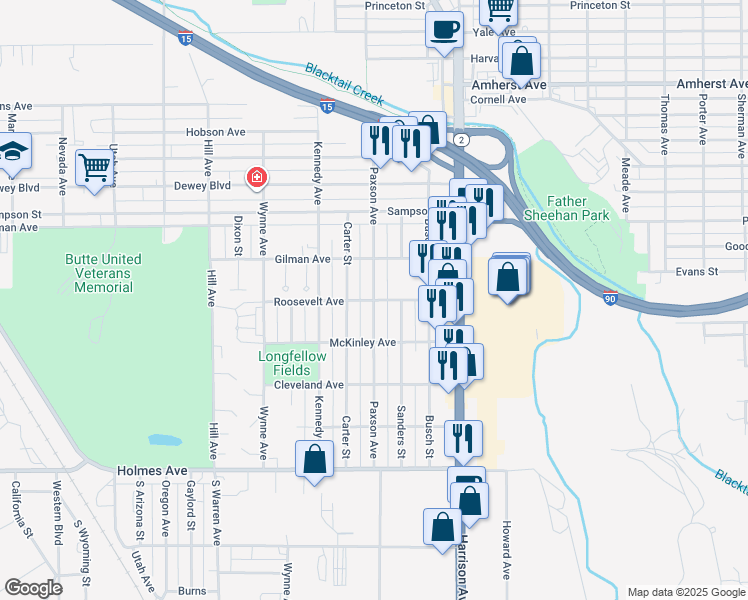 map of restaurants, bars, coffee shops, grocery stores, and more near 1629 Roosevelt Avenue in Butte