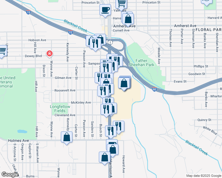 map of restaurants, bars, coffee shops, grocery stores, and more near 3100 Harrison Avenue in Butte