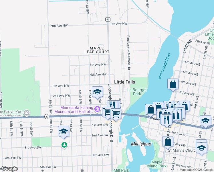 map of restaurants, bars, coffee shops, grocery stores, and more near 300 3rd Street Southwest in Little Falls